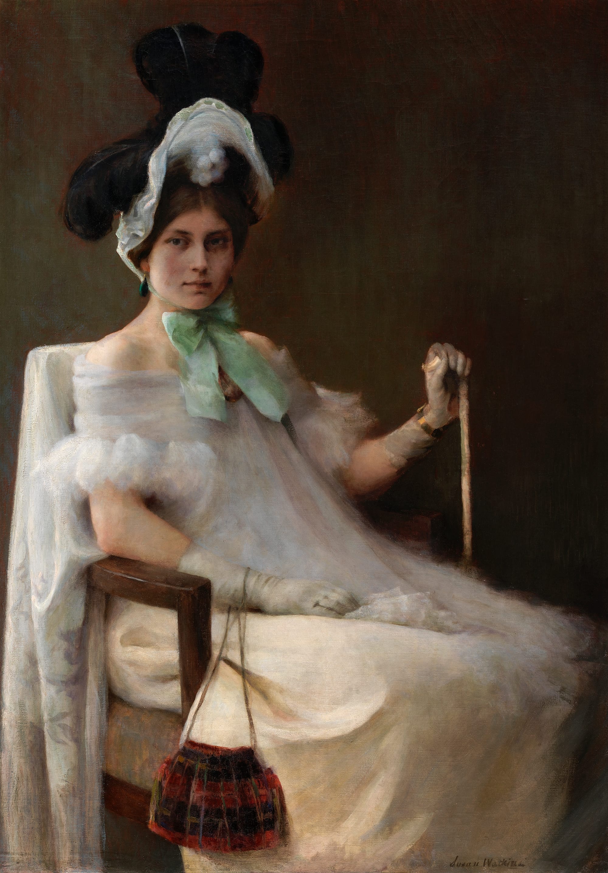 A seated woman in a white gown and large black-and-white hat with a green ribbon gazes toward the viewer, holding a walking stick and resting a red purse on her lap.