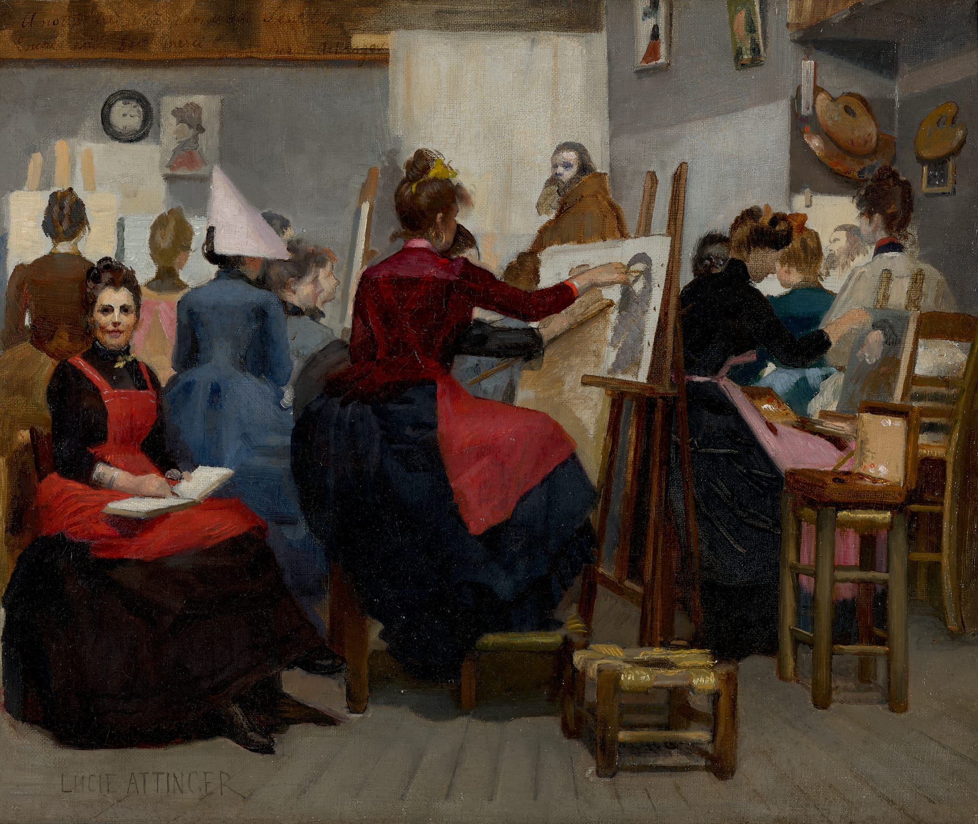 A group of women artists sit in a studio drawing from a live model, while one woman in a red apron turns toward the viewer with a slight smile.