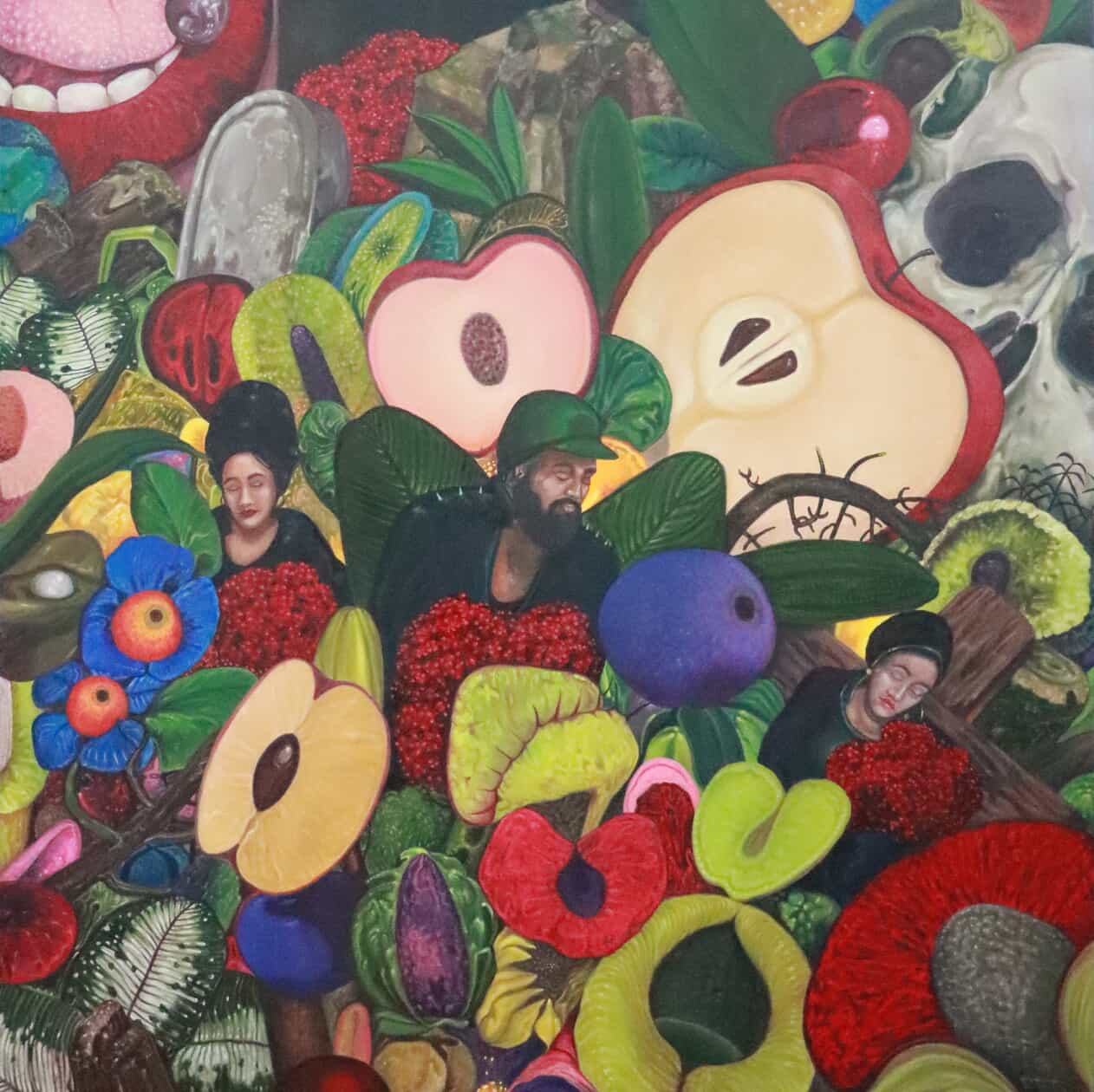 A dense, surreal scene of oversized colorful fruits and flowers surrounding three human figures partially embedded among the vegetation, with a skull and large sliced apple in the background.