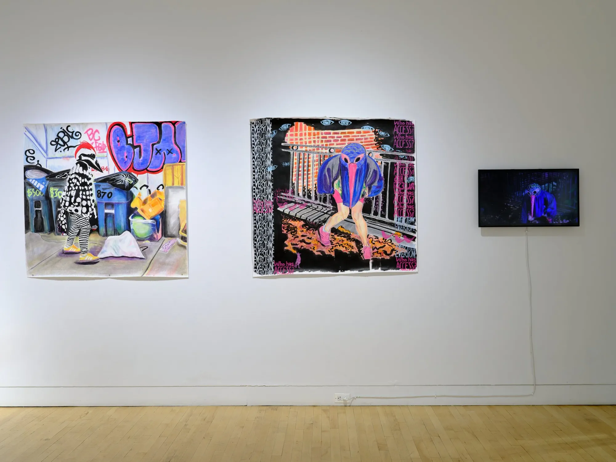 Gallery installation featuring two large paintings and a video monitor in an SVA MFA exhibition space.