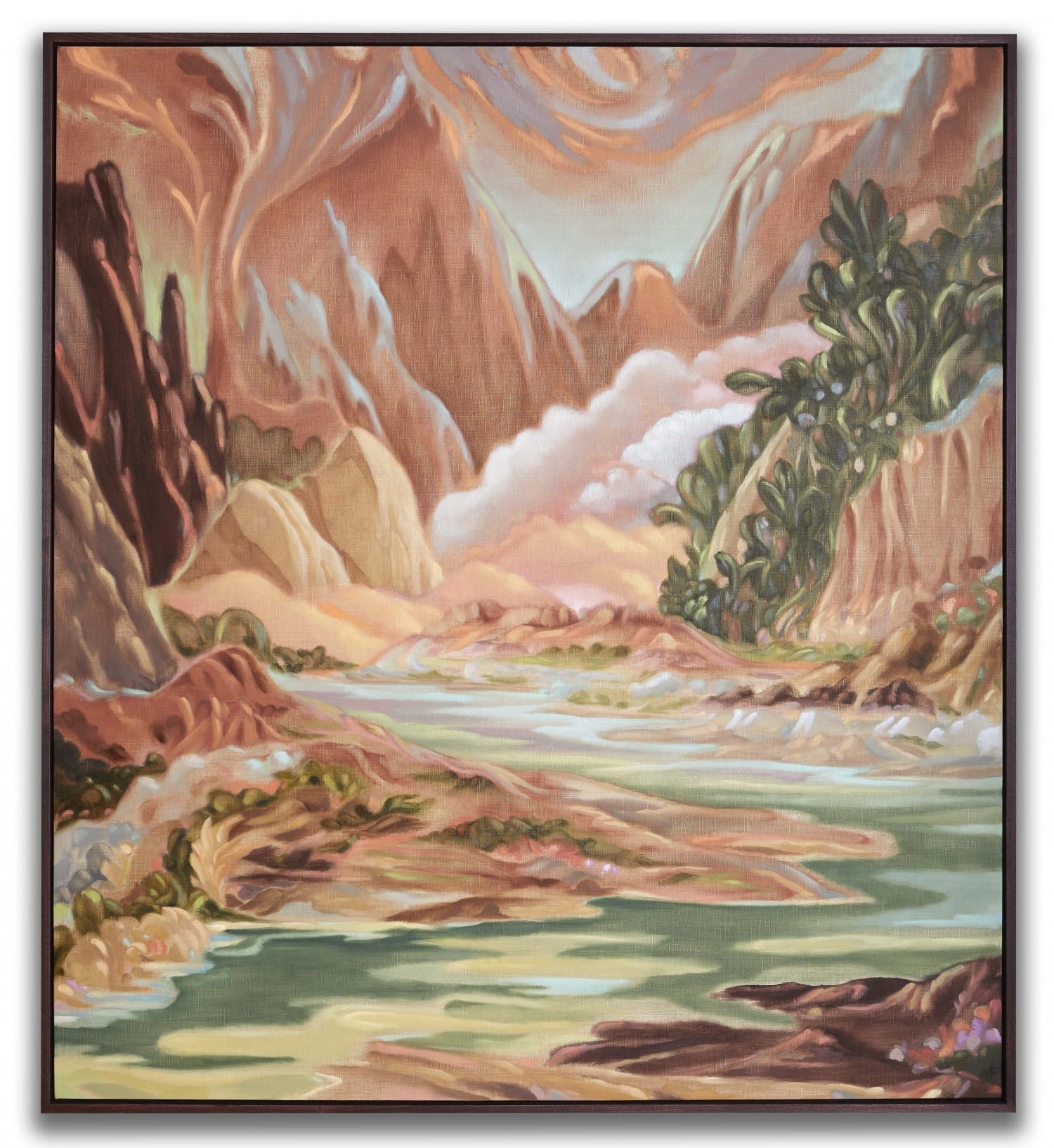 Dreamlike canyon landscape with a winding river, soft pastel mountains, and lush vegetation painted in flowing, atmospheric brushstrokes.