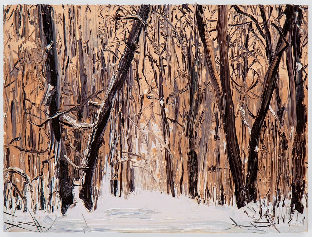 Winter woodland scene with bare trees and thick, expressive brushstrokes, showing snow-covered ground beneath a warm, muted sky.