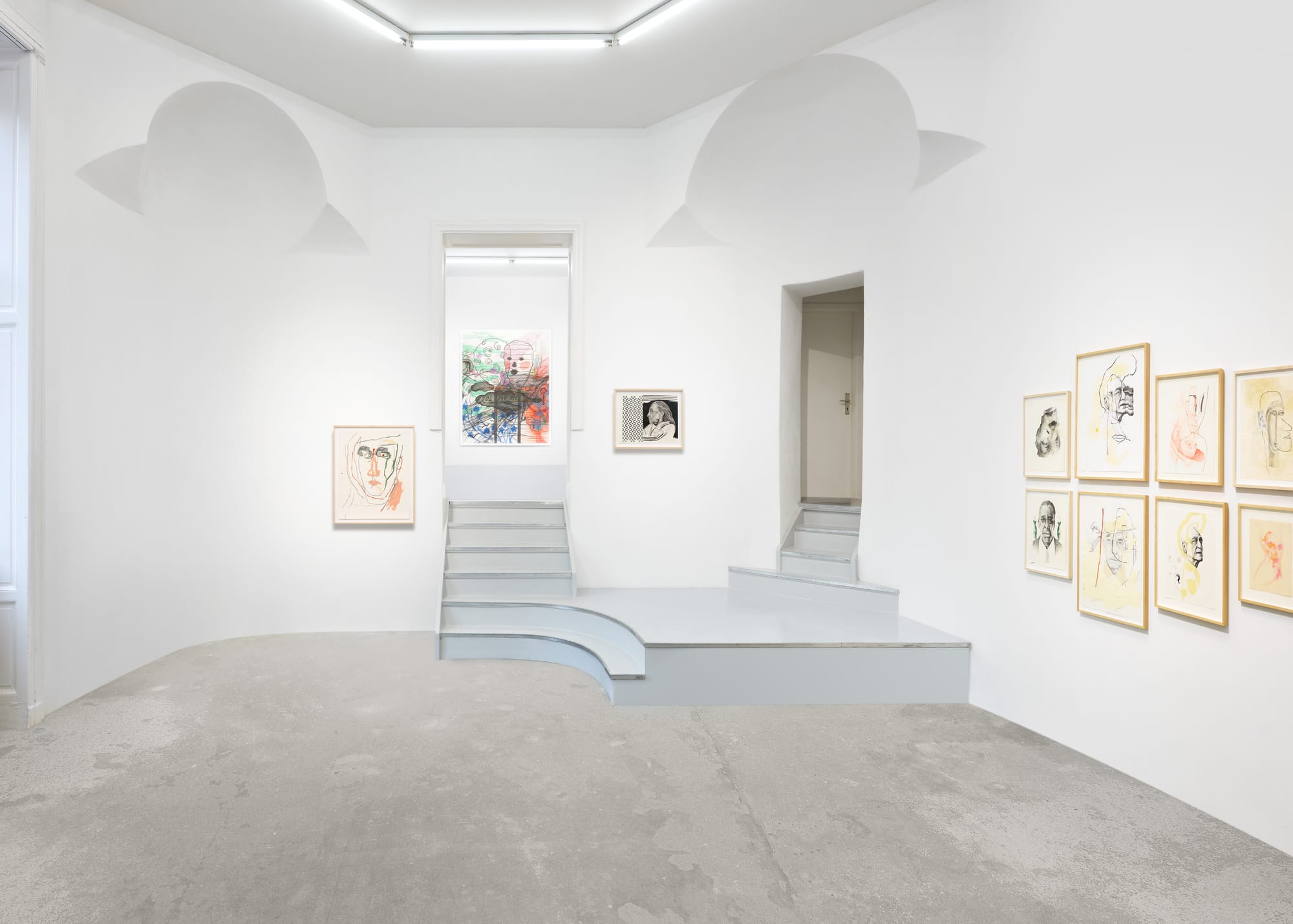 Installation view of Brian DeGraw and Maia Naveriani’s exhibition "Works on Paper" at Tanya Leighton Gallery in 2024, featuring framed drawings in a white minimalist gallery space.
