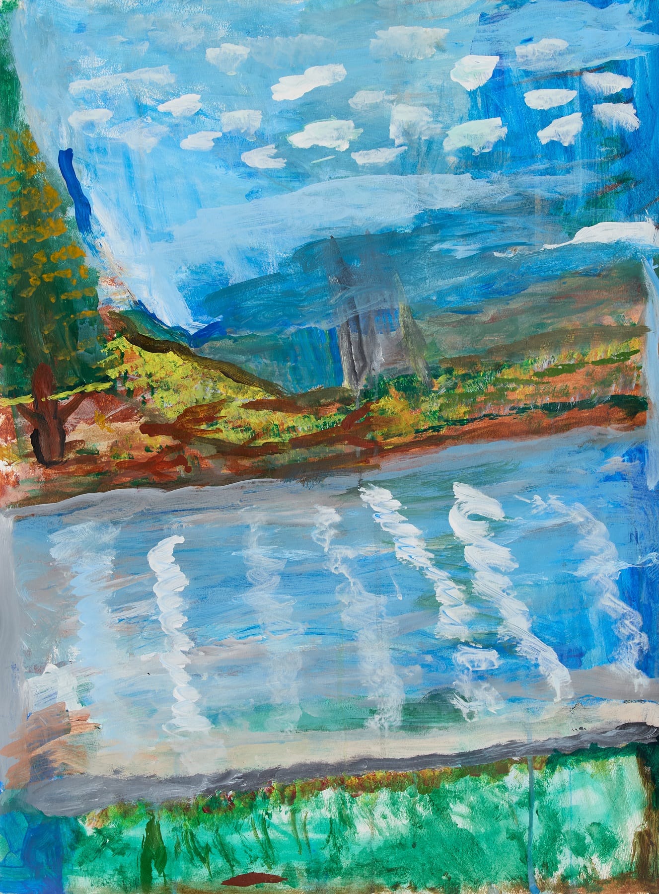 Loosely painted landscape with a river in the foreground, rolling hills and trees beyond, and a bright blue sky dotted with white clouds.