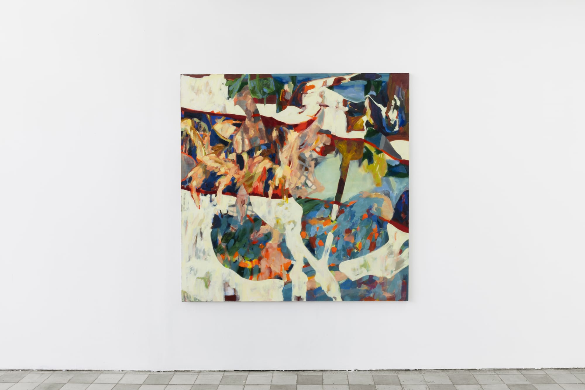 Abstract oil painting titled "Middle Register" by Nina Kintsurashvili, featuring vibrant blue, red, and earthy tones with expressive brushstrokes