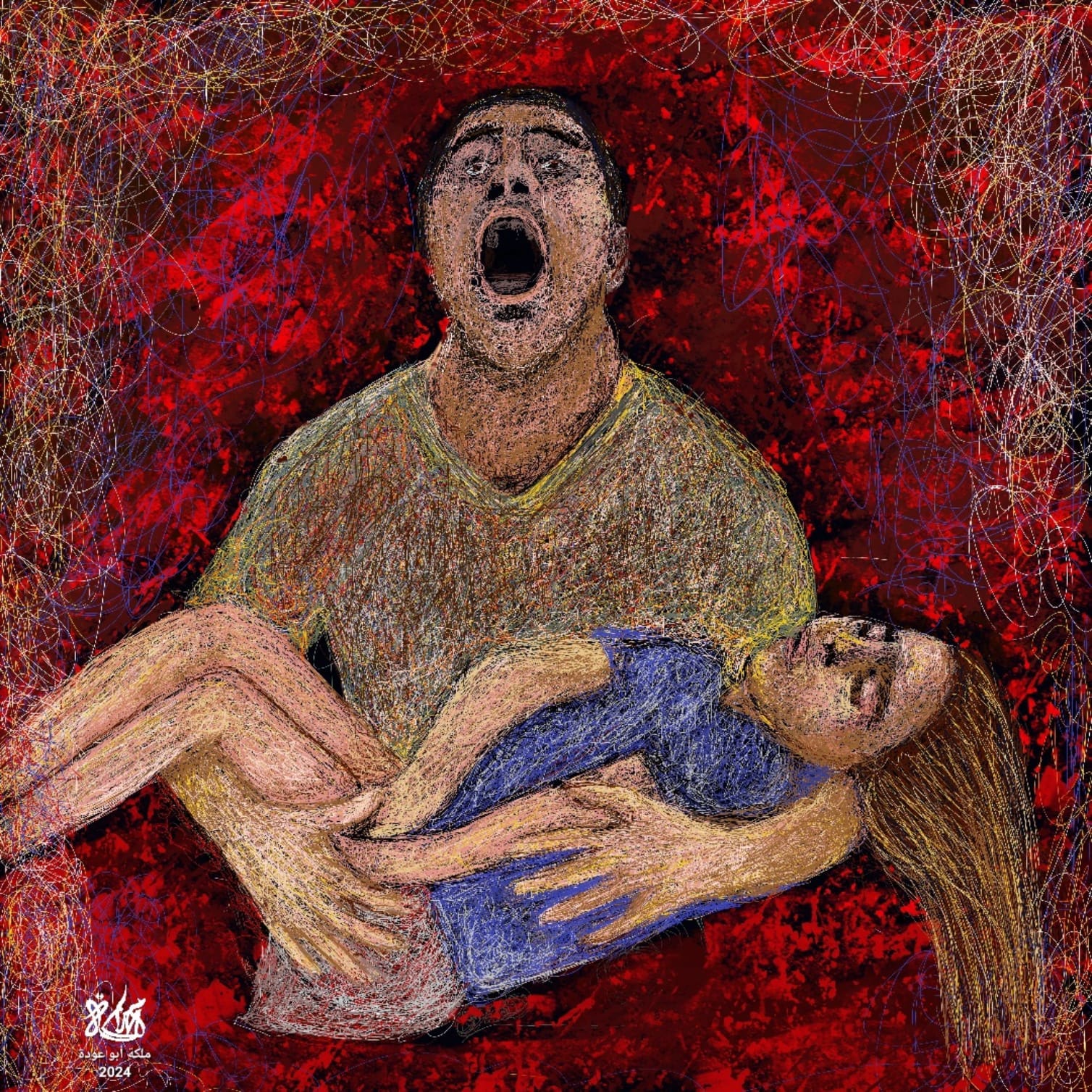 Digital drawing of a screaming man holding a limp child in Gaza against a chaotic red background.