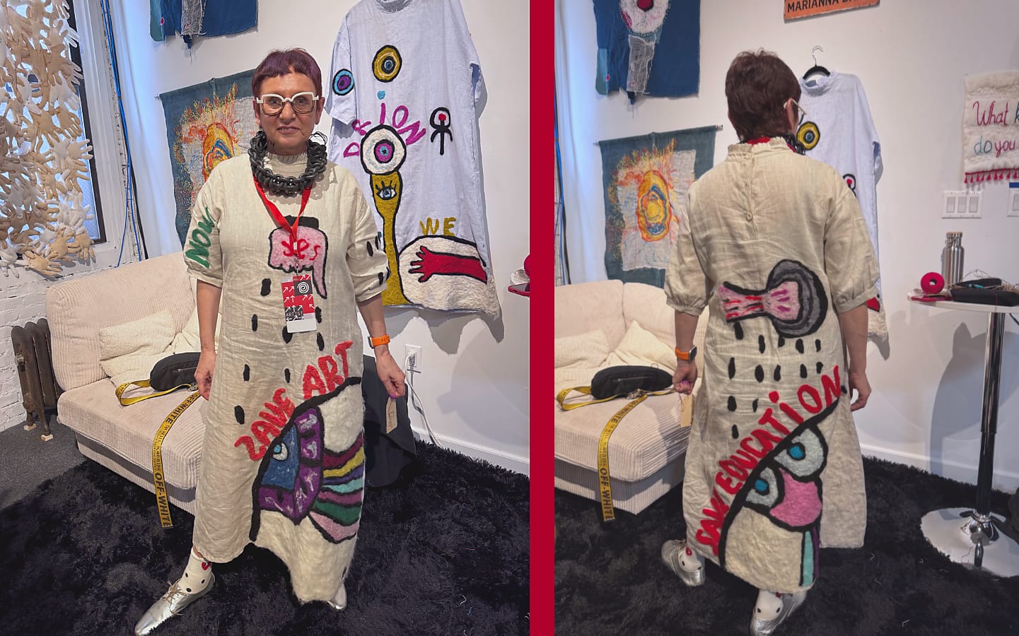 Artist Marianna Baker is pictured wearing clothing she desgined bearing the text "Save Art" and "Save Education" at New York's new participatory art fair Work in Progress on Thursday