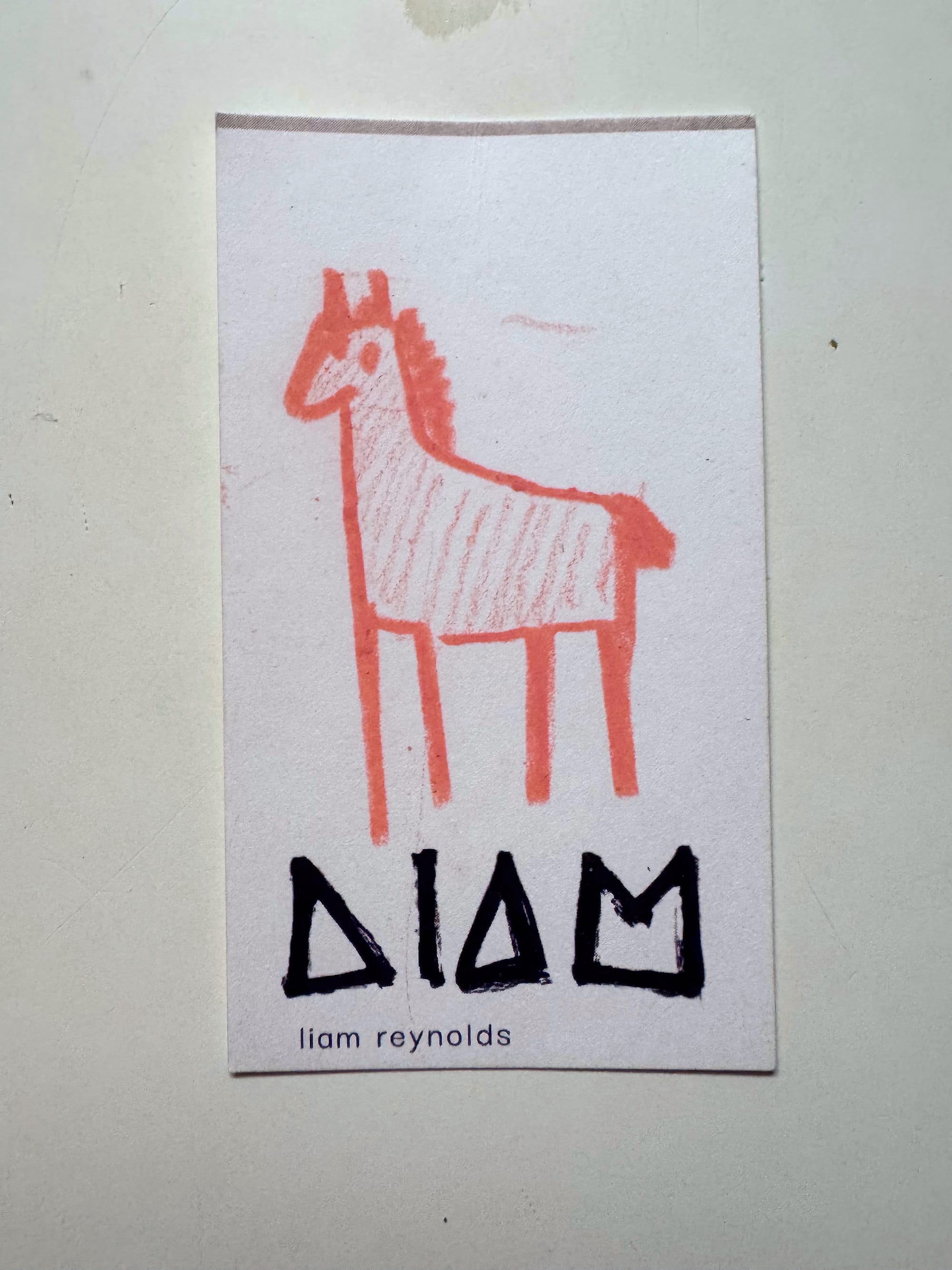 A drawing of an alpaca by the artist Liam Reynolds on his business card.