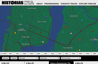 Screenshot of the Historias NYC digital map interface showing Lower Manhattan and parts of Brooklyn, with colored dots marking cultural sites related to Latino and immigrant histories