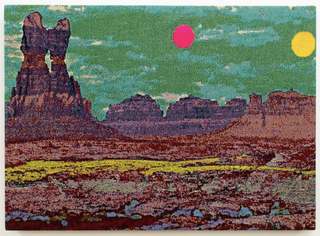Stylized desert landscape with layered red rock formations under a green sky, featuring two bright circular suns above a textured, barren foreground.