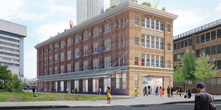 A rendering of a four-story brick building in a city environment