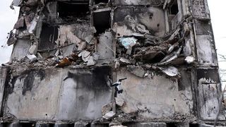 An artwork by Banksy in Borodyanka, Ukraine