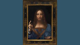 Leonardo da Vinci’s Salvator Mundi, a portrait of Christ holding a crystal orb, is pictured against a blue background