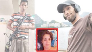 A composite image of three photos. Left is a man holding a crossbow-like weapon, on the right the same man is seen outdoors in Rio de Janeiro. At center is a woman lying down.