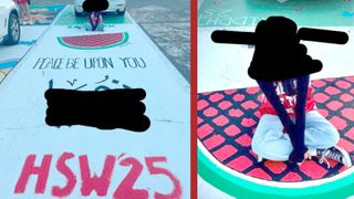 A collage of two images, on the left a girl sits in a parking spot with her drawing of a watermelon and the text 'Peace Be Upon You. The right is a closeup of that image