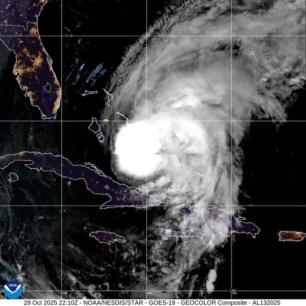 Satellite image shows Hurricane Melissa as a large, organized storm over the Bahamas on October 29, 2025, with its dense cloud mass extending toward Florida, Cuba, and Hispaniola.