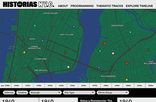 Screenshot of the Historias NYC digital map interface showing Lower Manhattan and parts of Brooklyn, with colored dots marking cultural sites related to Latino and immigrant histories