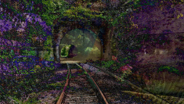 An AI-generated artwork of train tracks running through a floral landscape