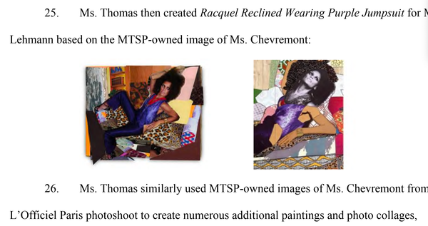 A screenshot of a photograph and artwork depicting Racquel Chevremont as seen in a lawsuit she filed against artist Mickalene Thomas alleging an abusive work environment.