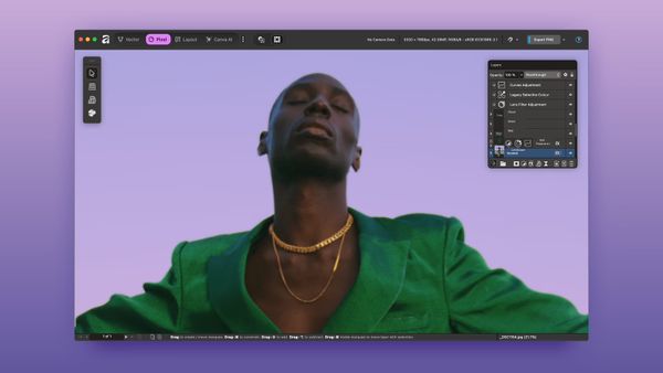  person wearing a green blazer and gold necklaces poses with eyes closed against a purple gradient background, shown within a digital photo editing interface.