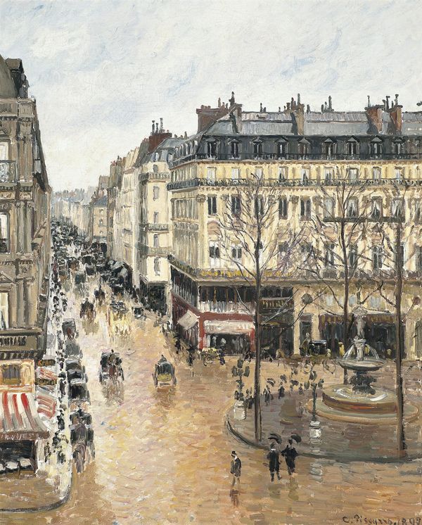 An 1897 Camille Pissarro painting depicting a rainy afternoon in Paris with horse-drawn carriages, pedestrians with umbrellas and tall buildings surrounding a small plaza with a fountain.