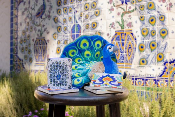 Plush peacock, peacock-patterned mug, and decorative tile displayed on a stool in front of a colorful peacock-themed mosaic wall.