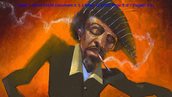 A stylized painting of a pianist with elongated arms and fingers playing a keyboard, smoke curling from a cigarette as warm orange light glows behind him.
