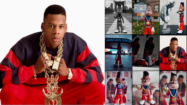A photo of rapper Jay-Z by Timothy White, left, is seen next to "Jaybois" figurines sold by Brooklyn gallery AM:PM,