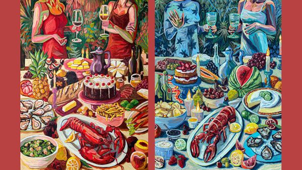 Two colorful paintings of lavish feast tables with lobsters, cakes, fruit, and women holding drinks in vibrant party scenes.