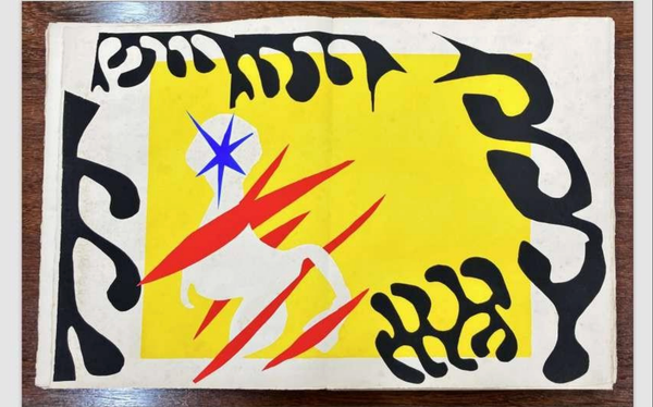 Colorful abstract print by Henri Matisse featuring a stylized white figure on a yellow background, surrounded by bold black shapes and red slashes.