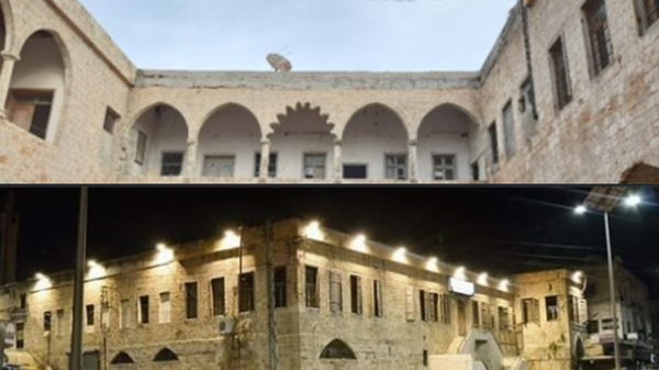 Historic Saraya building in Jableh, Syria, showing an interior courtyard with arches above and an exterior nighttime view of the stone structure below.
