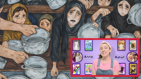 Ms. Rachel presents sale of art made by children in Gaza