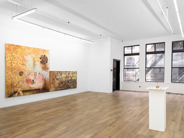 Installation view of The Bed Sitting Room organized by Ginny on Frederick at Lomex, showing artwork on white walls and pedestals in a gallery space