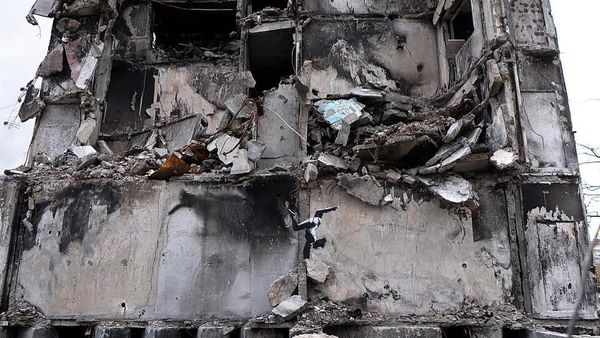 An artwork by Banksy in Borodyanka, Ukraine