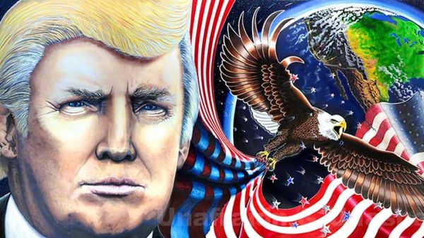 a painting of Donald Trump, a bald eagle and the american flag