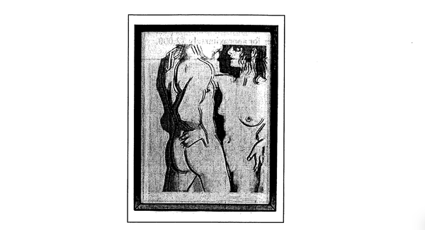A photocopy in black-and-white of a painting depicting a nude female