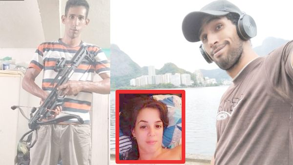 A composite image of three photos. Left is a man holding a crossbow-like weapon, on the right the same man is seen outdoors in Rio de Janeiro. At center is a woman lying down.
