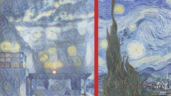 Ankit Sahni's Suryast, left, is pictured in a composite image with details from Vincent Van Gogh's Starry Night. 