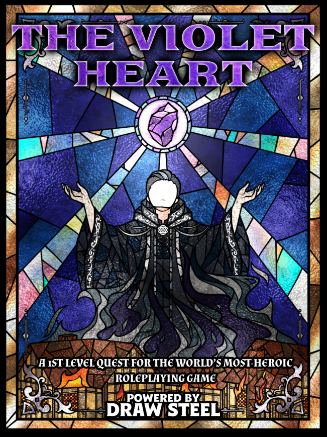 A burning town's smoke manifests into the robes of a man claiming an amethyst gemstone shining with power.