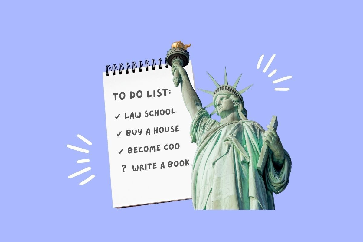 A collage of a to-do list and the State of Liberty is imposed on a purple background to denote this week's newsletter topics