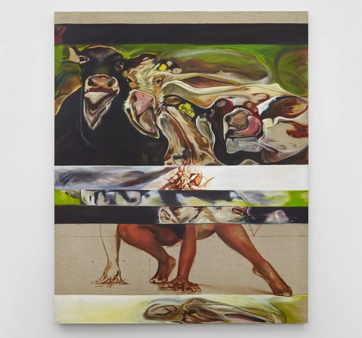 Abstract and fragmented painting of a cow, interspersed with paintings of women.