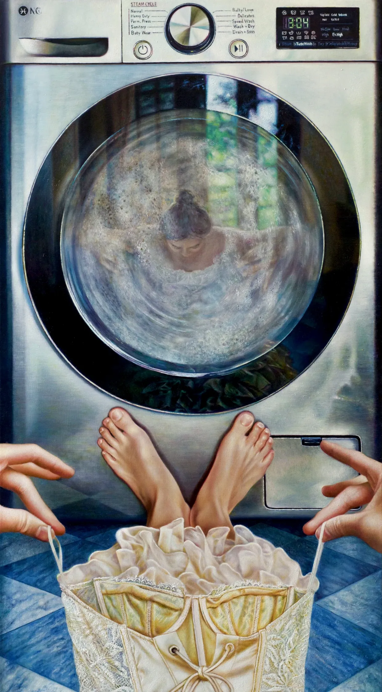 A painting in which some is holding up a corset style undergarment in front of a washing machine. 