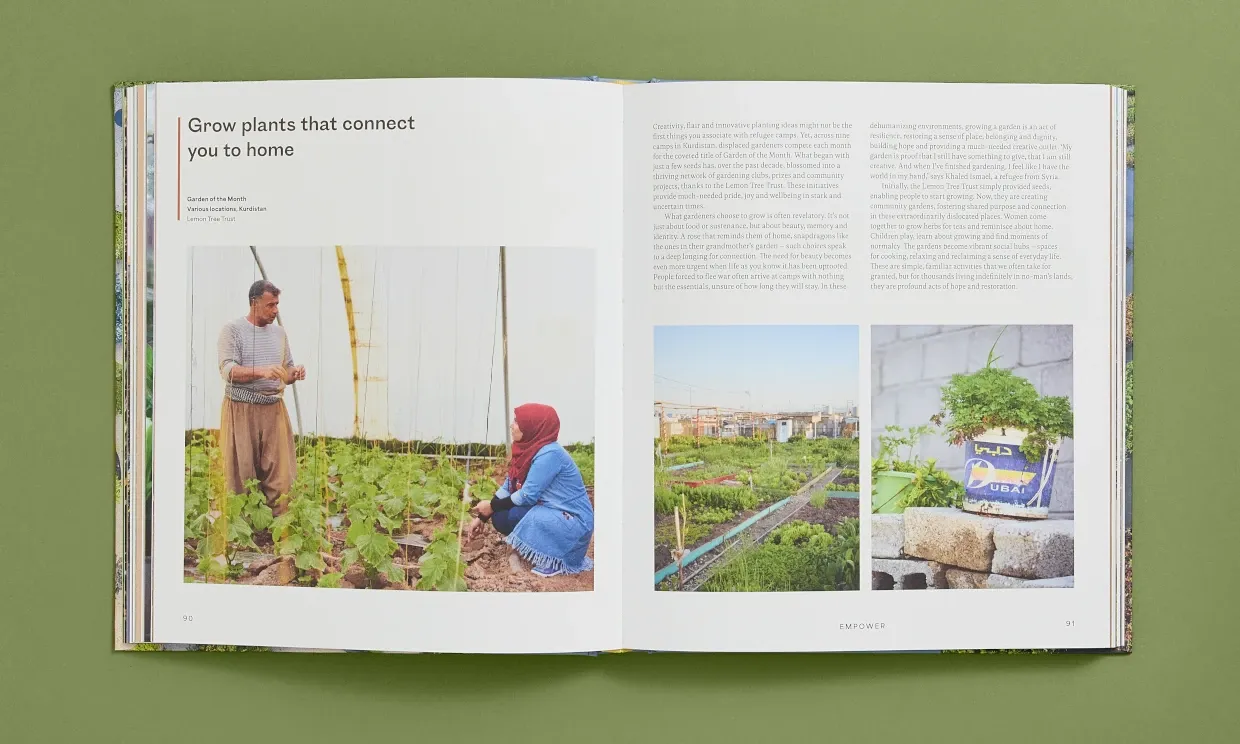 Photo of double page spread from book. The title is "Grow plants that connect you to home". 