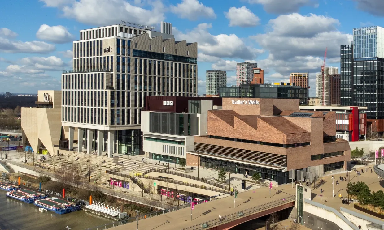 The exterior of Sadlers Wells East sat against the canal
