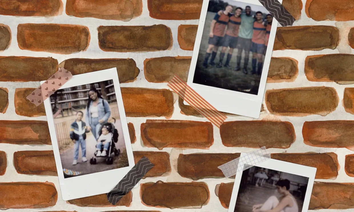 Polaroid images on a graphic brick background, of people living on the estate. 