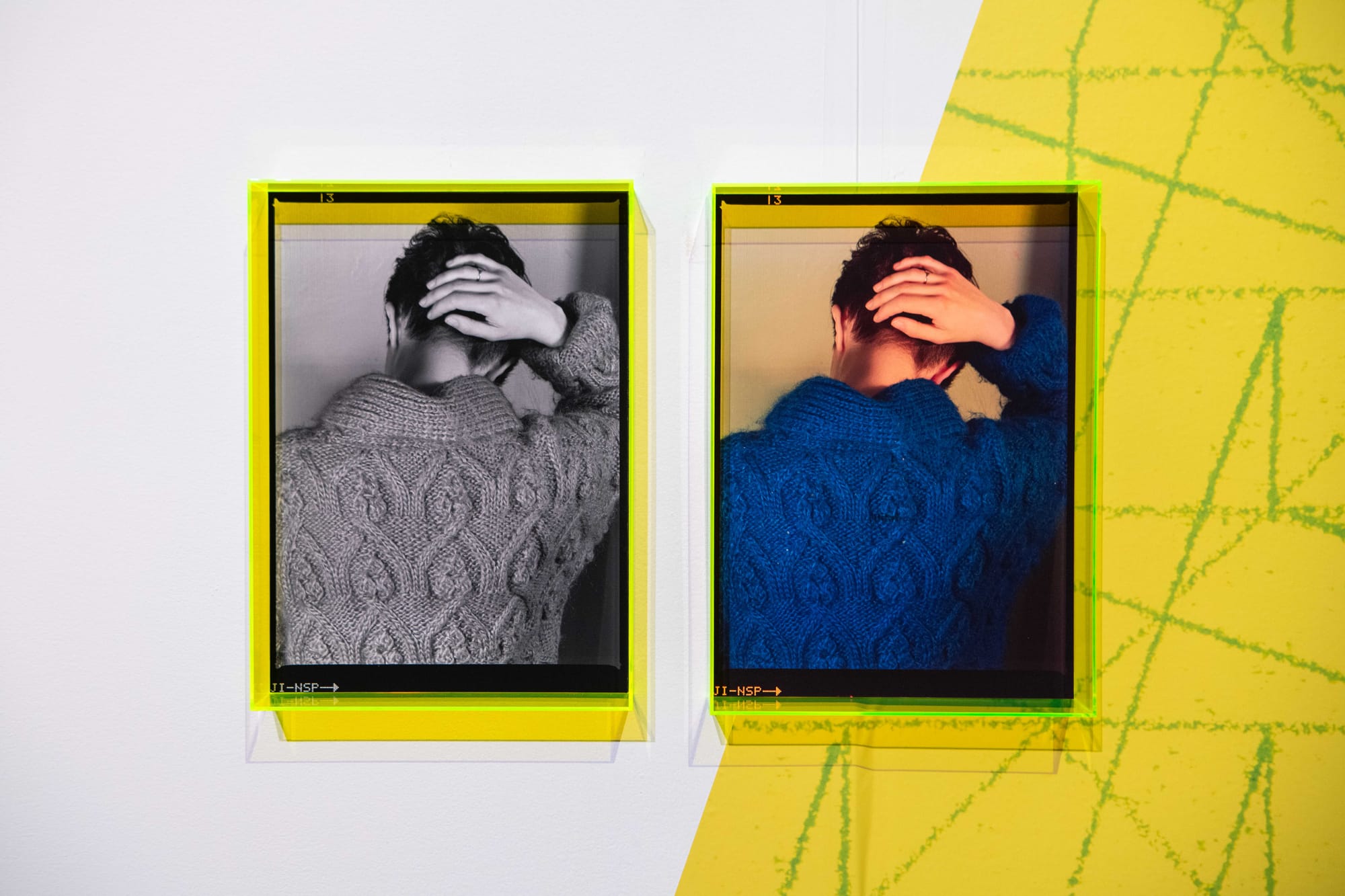 Two pieces of artwork, featuring the same back of a woman's head - one is in colour and one in black and white
