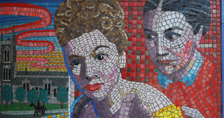 A mosaic in Leytonstone underground station featuring a scene from Alfred Hitchcock's film Rebecca