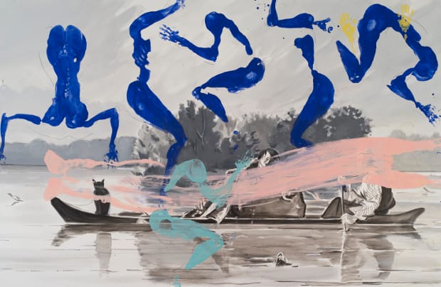 Trappers by David Salle, 2013 (acrylic on canvas, 84 x 129 inches). Courtesy of Maureen Paley Gallery