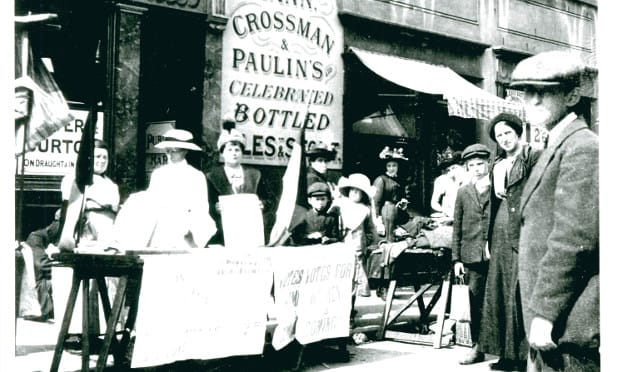 Suffragettes stall on Roman Road. Photograph: Norah Smyth