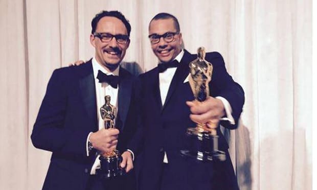 Mat Kirkby (left) and James Lucas (right) celebrate backstage with their Oscars. Photograph: Twitter